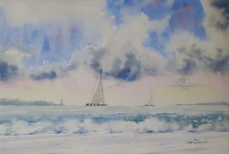 seascape, ocean, sea, boat, sailboat, race, sky, clouds, waves, surf, beach, original watercolor painting, oberst